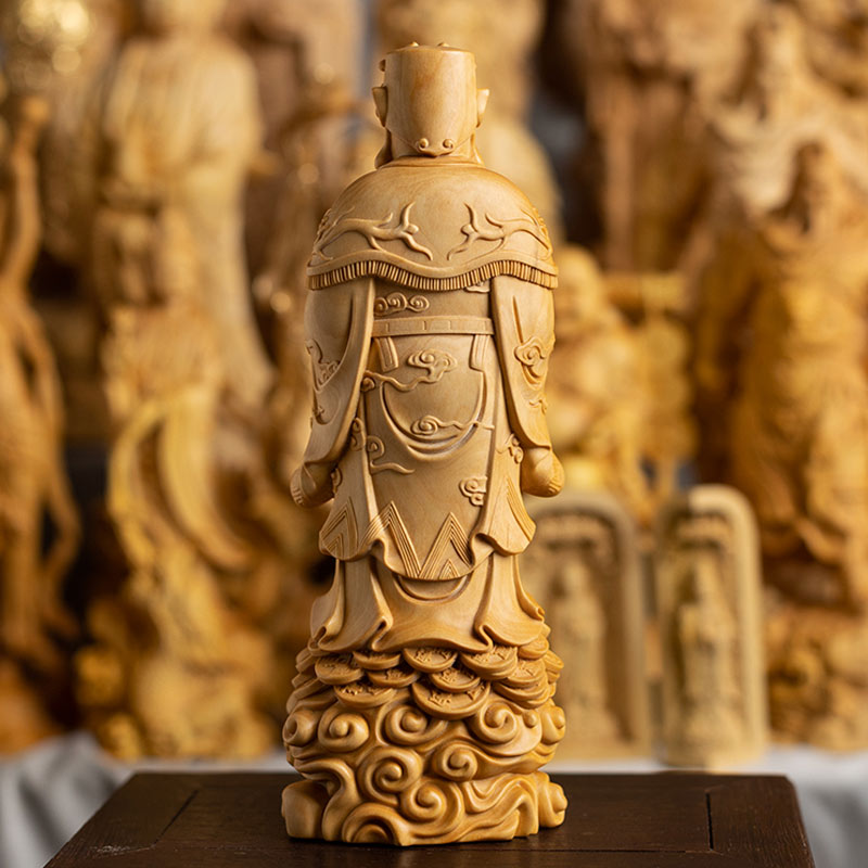Hand-Carved Boxwood God of Wealth Statue Chinese Caishen Ye Sculpture-05