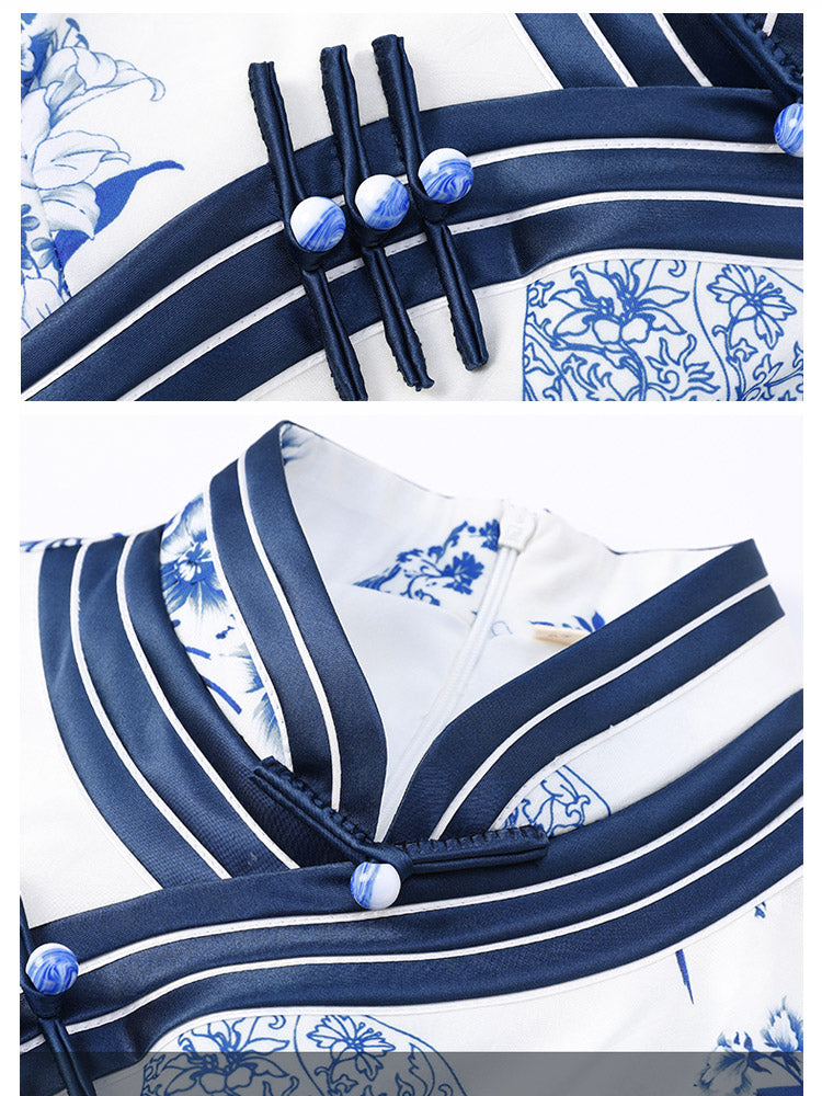 Chinese Style Classic Blue and White Porcelain Print Cheongsam Dress for Women-06