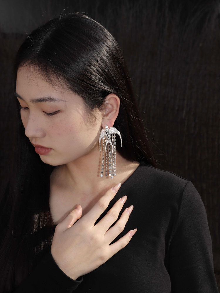 The Swallow S930 - Handforged Chinese Swallow Earrings in Sterling Silver with Delicate Tassels-06