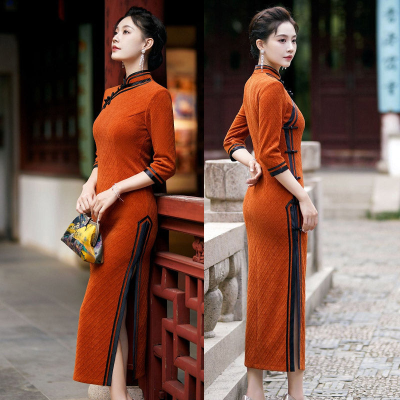 Orange with Black Trim Vintage Geometric Embossed Cheongsam Dress for Women-06