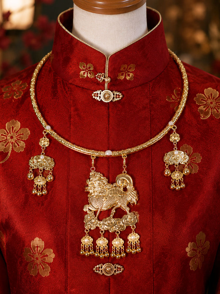 Ming-Style Qilin Ping’an Lock Yingluo Necklace-05