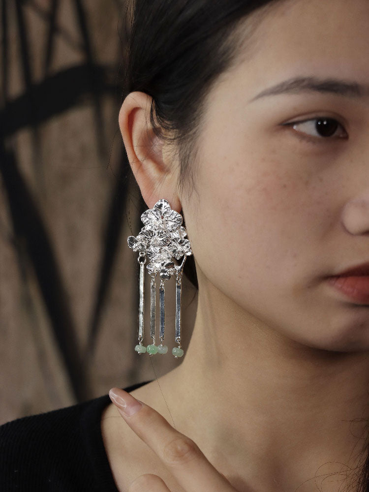 Orchid Cluster S930 - Handforged Chinese Phalaenopsis Earrings in Sterling Silver with Jadeite Beaded Tassels-07