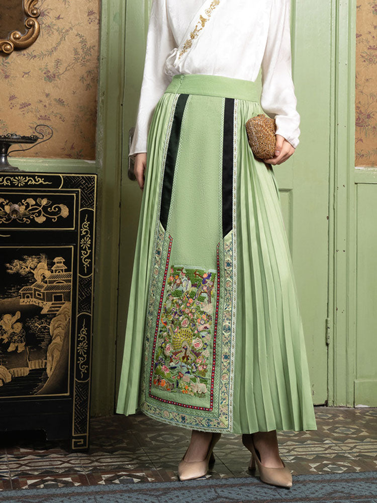 Embroidered Floral and Bird Pattern Ma Mian Skirt - Women's Wrap Skirt-05