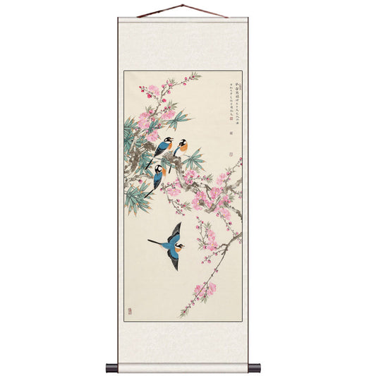 Beautiful Chinese Painting - Early Spring Lucky Flowers Peach Blossom and Four Magpies Silk Scroll Hanging Painting Wall Decoration Art-01