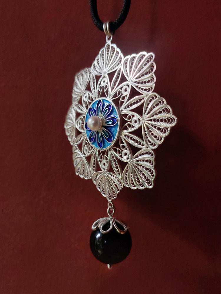 Vintage Cloisonné Silver Filigree Inlaid Freshwater Pearl Mandala Flower Necklace Pendant-06