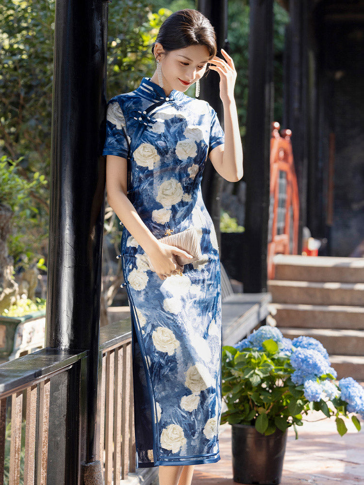 Romantic Blue Floral Vintage Qipao Cheongsam Dress for Women-06