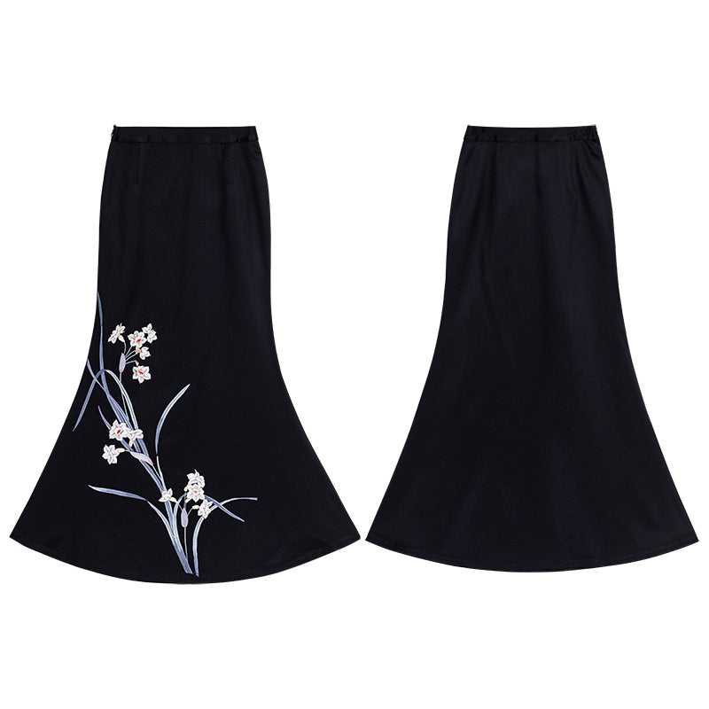 Chinese-Inspired Vintage Embroidery Silk Satin Fitted Mermaid Skirt-06