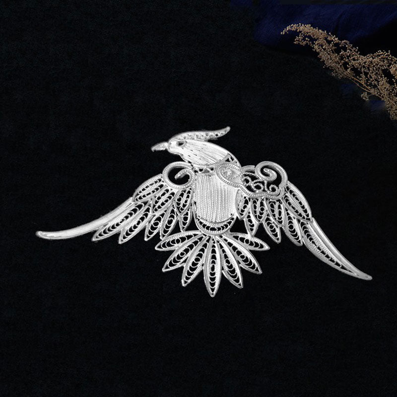 Vintage Plain Silver Filigree Auspicious Bird Phoenix Brooch for Women-04