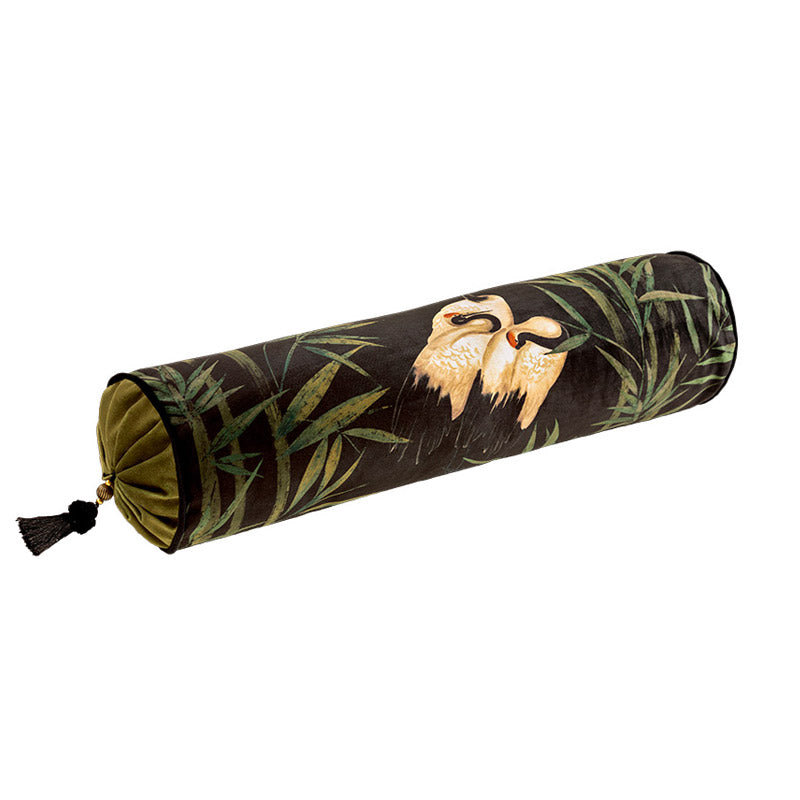Chinese Style Long Cylinder Bolster Pillow with Auspicious Crane and Bamboo Print Decorative Throw Pillow-06