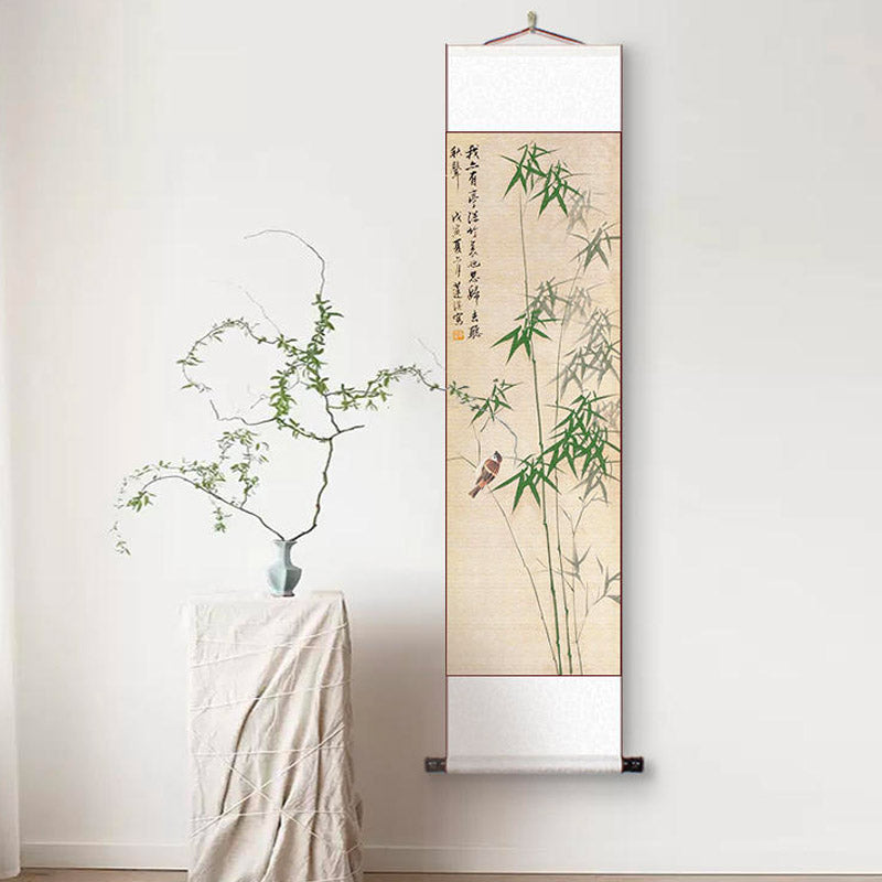 Modern Minimalist Chinese-Inspired Bamboo and Bird Scroll Hanging Art for Space Decoration - Art Decor Painting-06