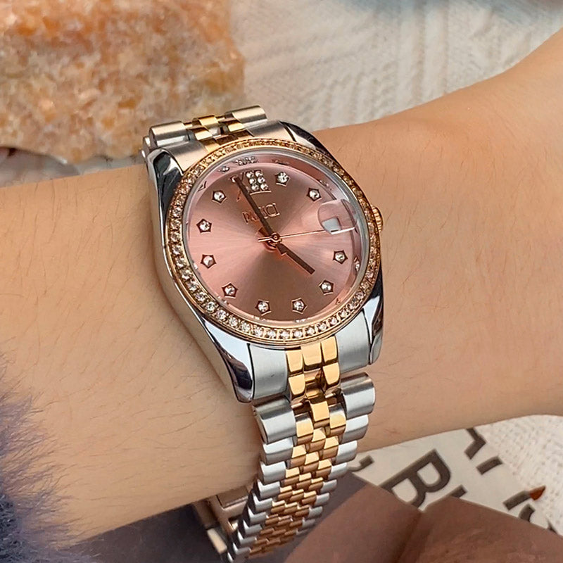 Retro Elegance Versatile Round Berry Nude Pink Dial Gold Watch-06