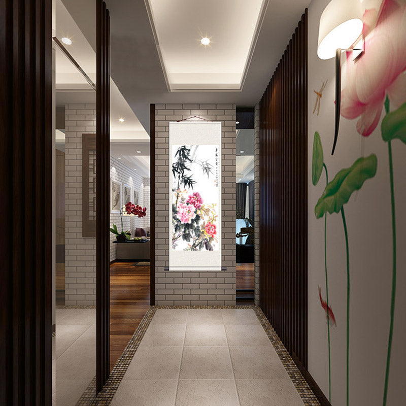 "Peace and Prosperity" Silk Scroll Hanging Painting Reproduction with Bamboo and Peony, a Home Wall Decorative Art Piece-02
