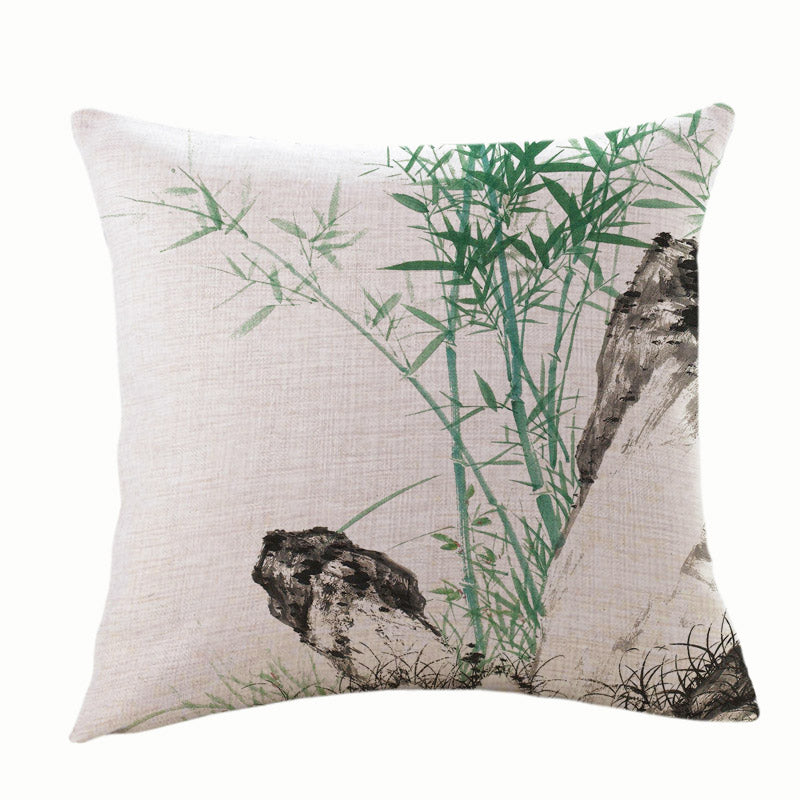 Vintage Chinese Style Ink Bamboo Leaf Landscape Painting Cotton and Linen Throw Pillow-06