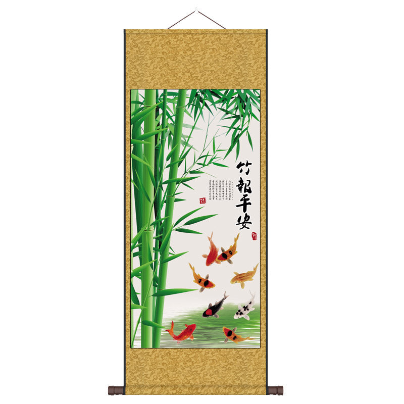 "Zhu Bao Ping An" - Blessings of Peace Brought by Lucky Bamboo, Silk Scroll Hanging Painting Reproduction Wall Decor Art-06