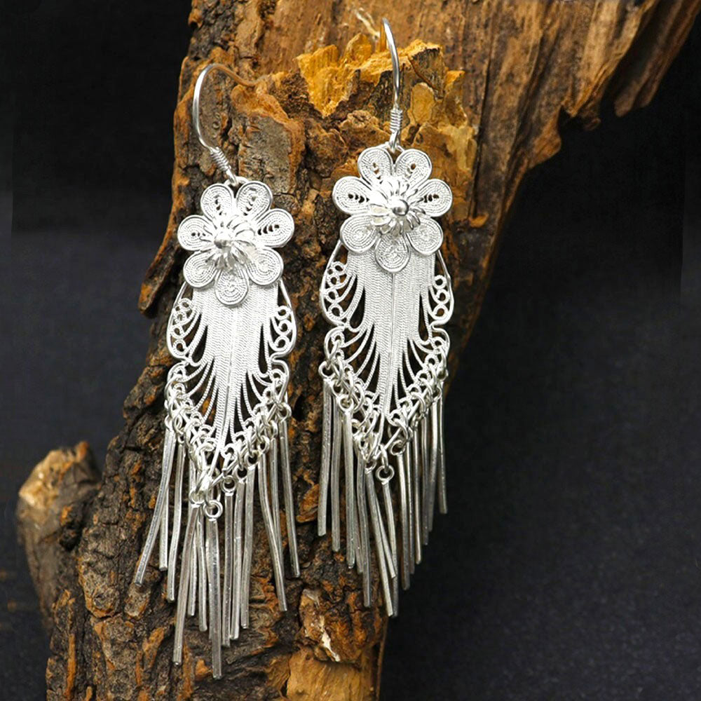Plum Blossom Filigree Tassel Earrings in 999 Fine Silver-06