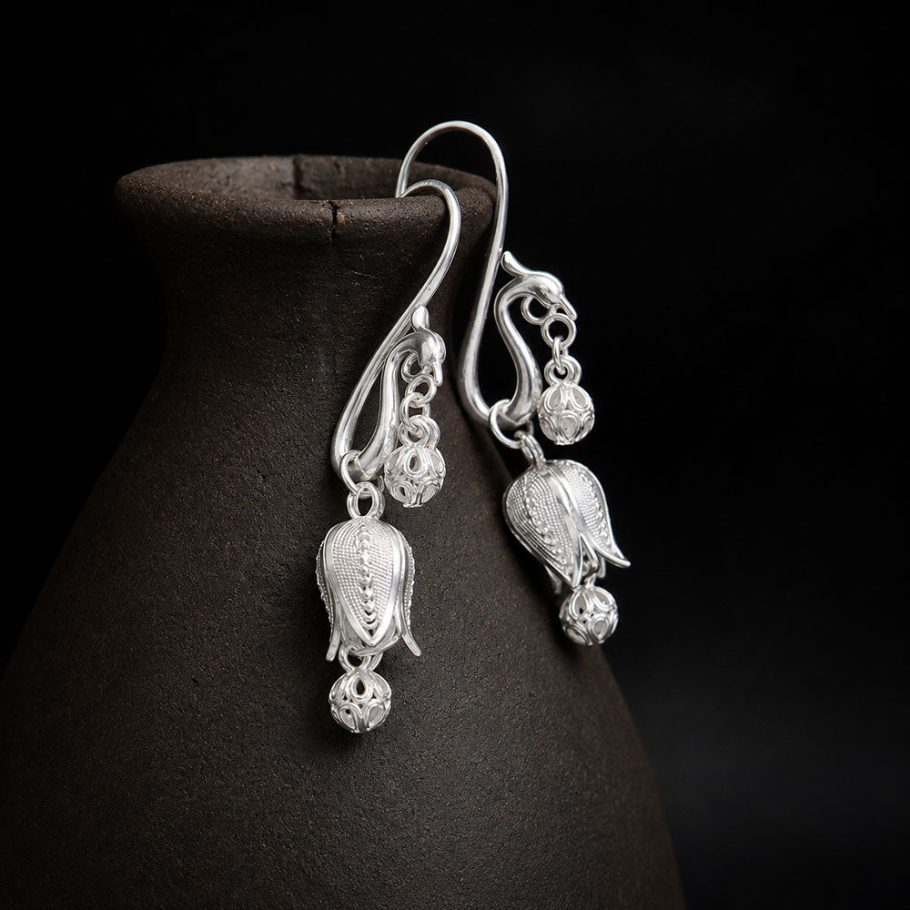 Phoenix & Lily of the Valley Filigree Drop Earrings in 999 Fine Silver-02