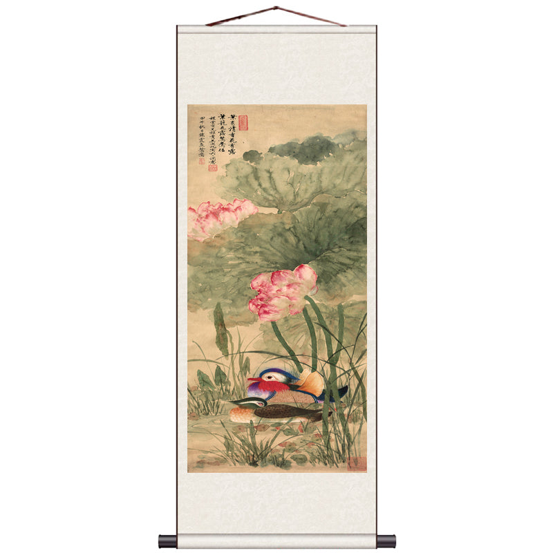 Traditional Chinese Painting Mandarin Ducks and Ink Lotus, Mandarin Ducks Playing in Water Silk Scroll Hanging Painting-06