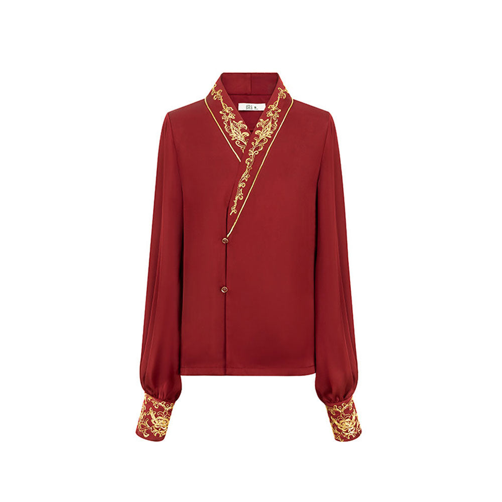 Phoenix & Peony — Ming-Style Gold-Woven Red Mamian Skirt Set-08