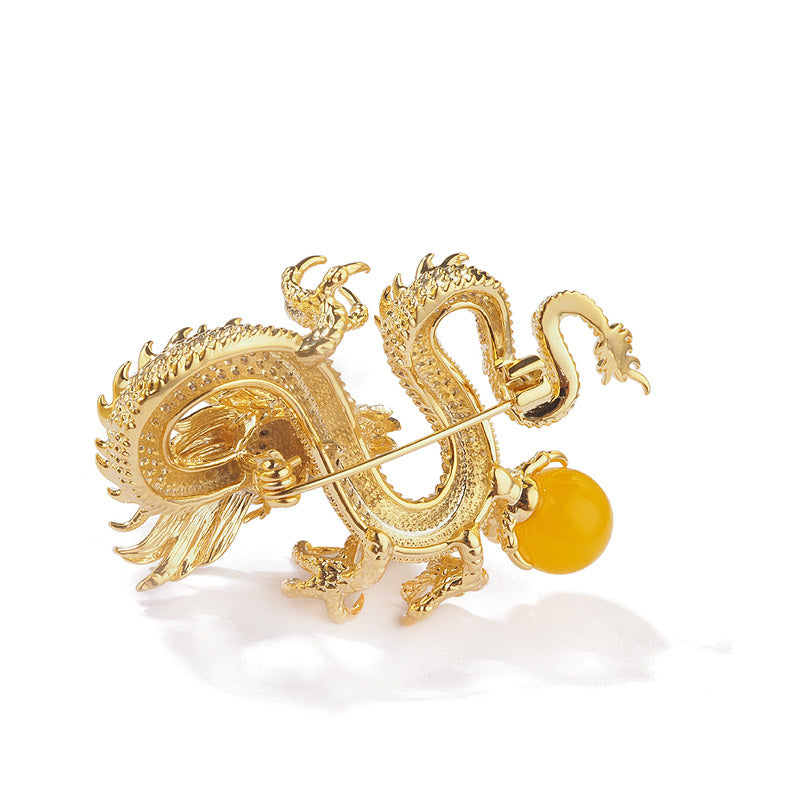 Golden Dragon Playing with Pearl - The Chinese Dragon Loong Brooch with CZ Zodiac Jewelry Gift-06