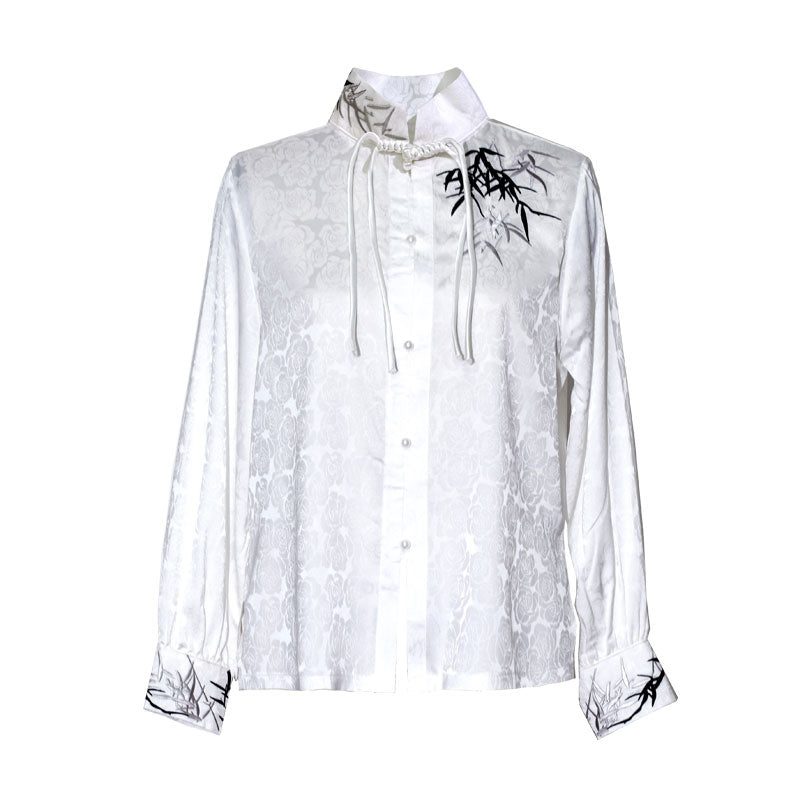 Morden Chinese Embroidered Bamboo Leaf Jacquard Satin Fabric Hanfu Shirt Blouse-06