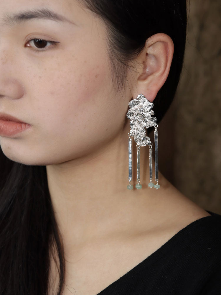 Orchid Cluster S930 - Handforged Chinese Phalaenopsis Earrings in Sterling Silver with Jadeite Beaded Tassels-06