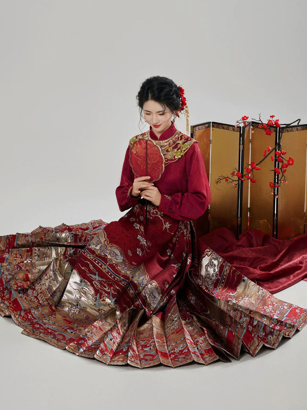 Spring at the Imperial Palace — Pomegranate Red Ming-Style Mamian Skirt Set-04