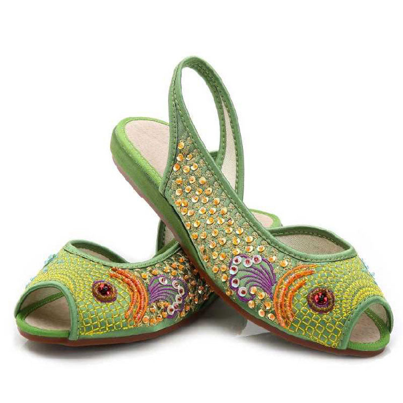 Sprout Green Embroidered Peep Toe Low Cut Flats-03