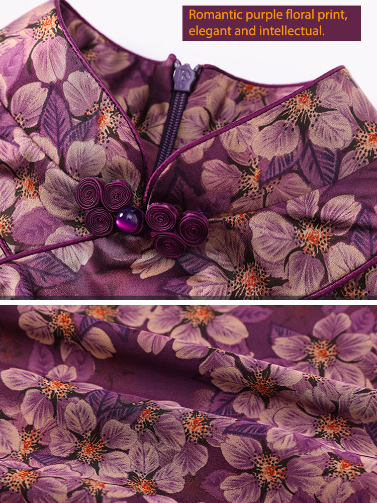 Romantic Vintage Purple Floral Printed Qipao Cheongsam Dress-07