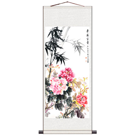 "Peace and Prosperity" Silk Scroll Hanging Painting Reproduction with Bamboo and Peony, a Home Wall Decorative Art Piece-01