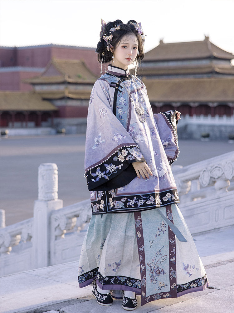 New Chinese Style Purple Cross-collared Suit with Butterfly and Flower Embroidery Qing Dynasty Women's Suit-05