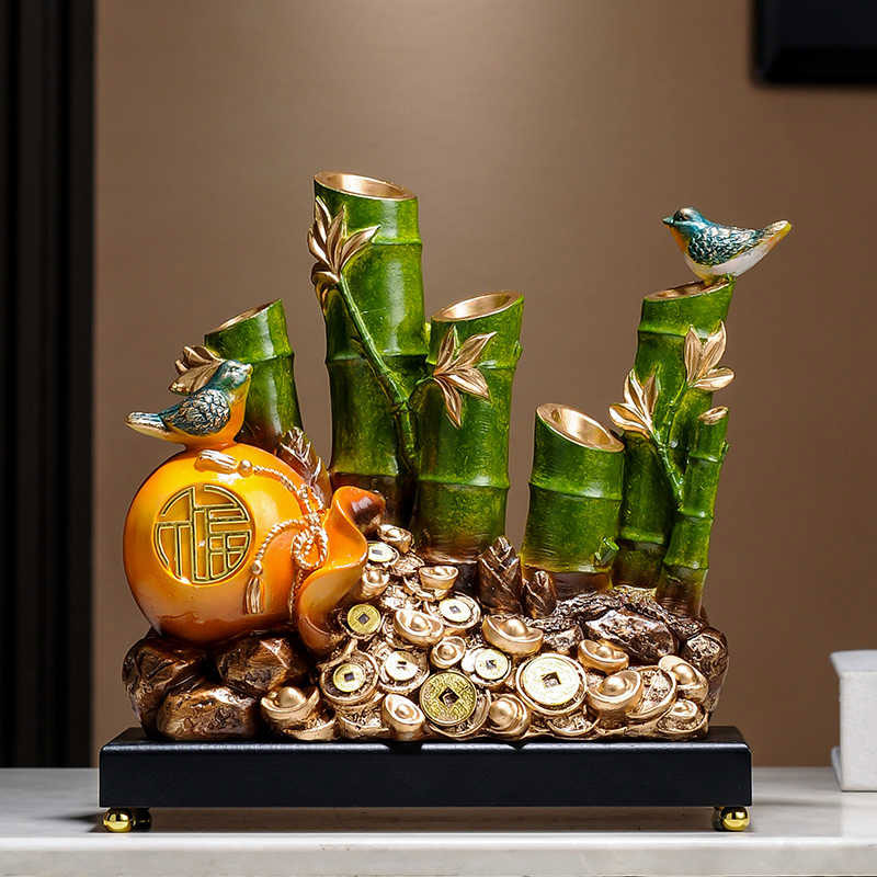 Rising Prosperity - Bamboo Bird Gold Ingot Creative Chinese Feng Shui Ornament with Pomegranate Fortune Pouch-04