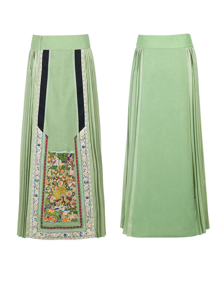 Embroidered Floral and Bird Pattern Ma Mian Skirt - Women's Wrap Skirt-08