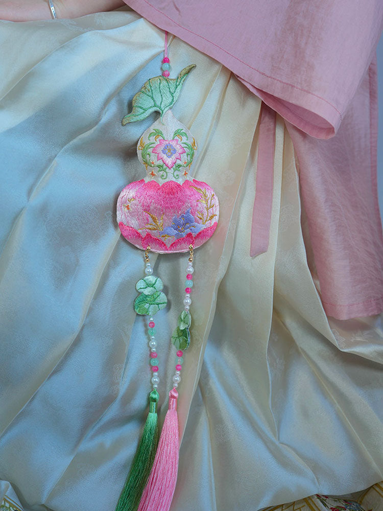 Double-Sided Embroidered Pink Lotus Tassel Sachet Charm-07