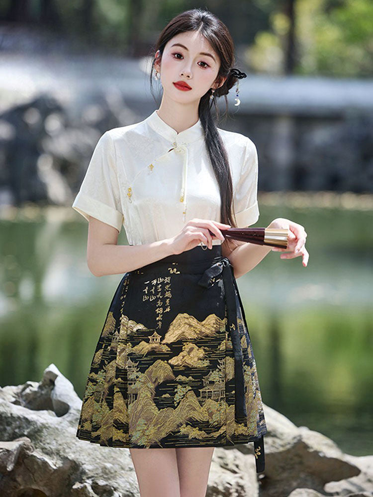 Mountains, Waters, and Pavilions – Woven Gold Short Mamianqun Skirt-04
