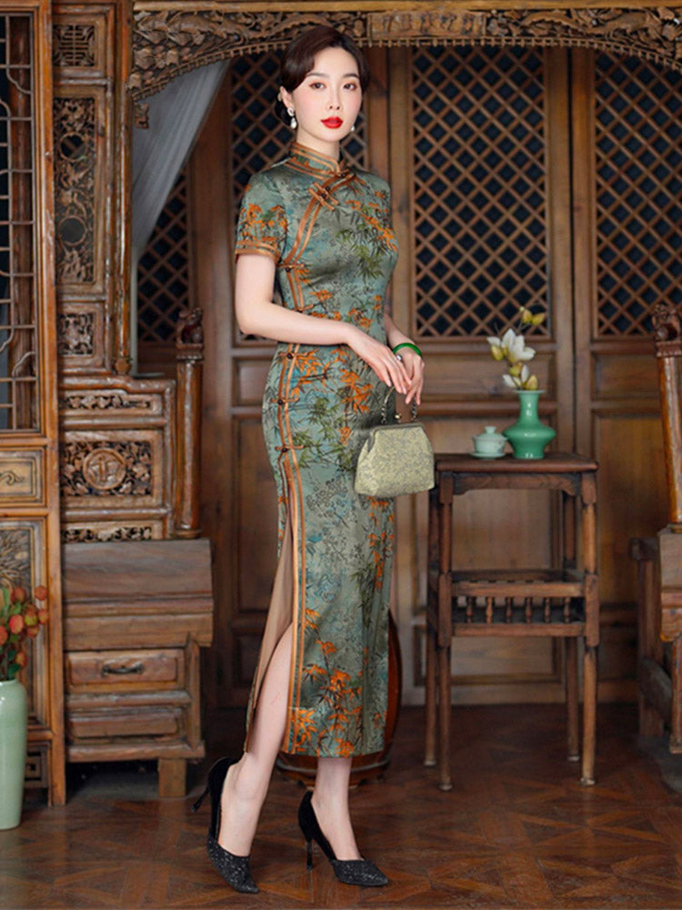 Chinese Style Vintage Bamboo Leaf and Flower Printed Cheongsam Dress for Women in Light Aqua Green Traditional Color Light Aqua Green / 4XL Chinese Style Vintage Bamboo Leaf and Flower Printed Cheongsam Dress for Women in Light Aqua Green Traditional Color Light Aqua Green / 4XL