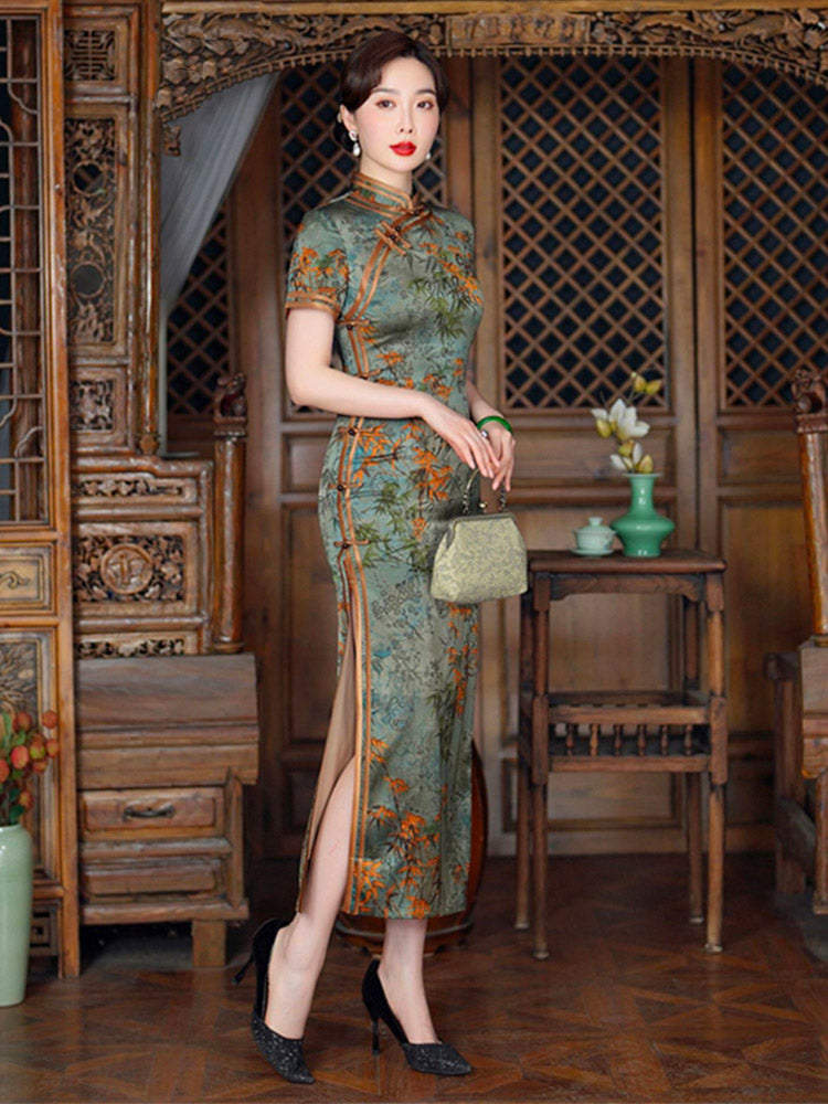 Chinese Style Vintage Bamboo Leaf and Flower Printed Cheongsam Dress for Women in Light Aqua Green Traditional Color-05