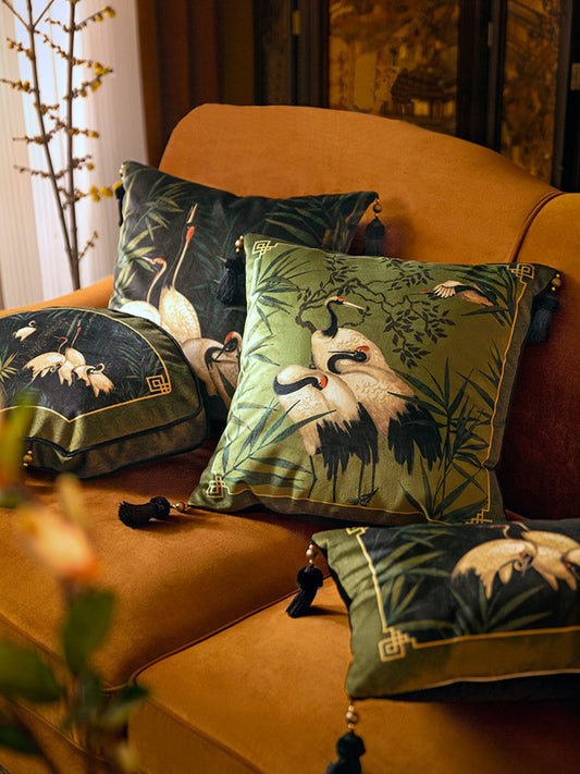 Green Chinese Style Auspicious Crane and Bamboo Series Throw Pillow-01