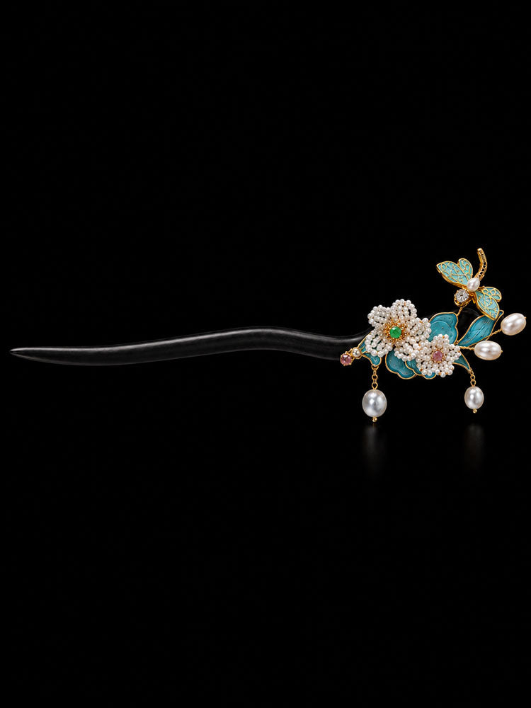 Chinese Blue Enamel Ebony Hairpin with Floral and Dragonfly Details-07