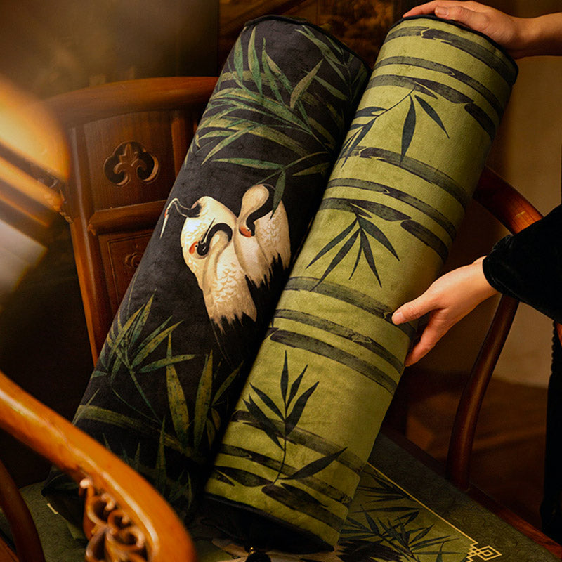 Chinese Style Long Cylinder Bolster Pillow with Auspicious Crane and Bamboo Print Decorative Throw Pillow-04