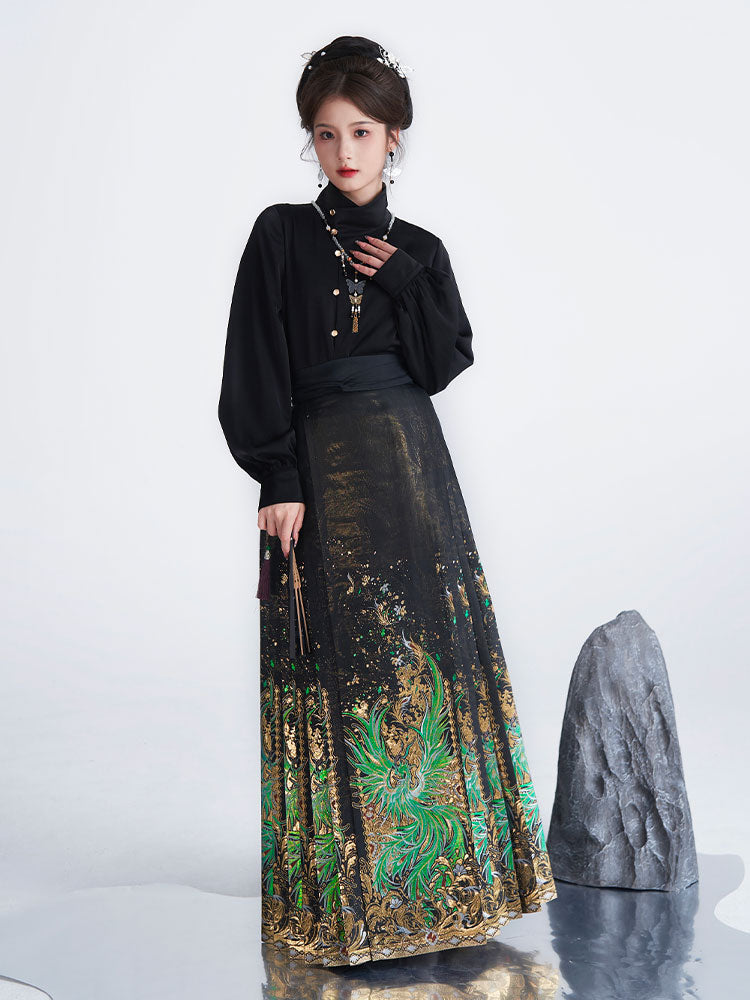 Chinese 'Shan Hai Jing' Qingluan Divine Bird Golden Weave Black Mamianqun Skirt-01