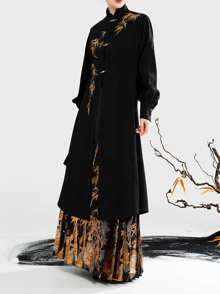 Golden Bamboo Ink Wash - Woven Gold Ma Mian Qun Hanfu Skirt-06