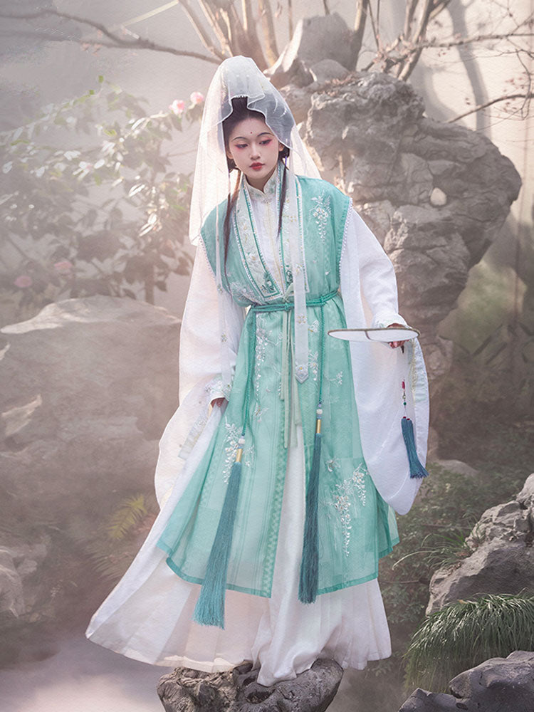 Whispers of a Misty Paradise - Traditional Stand Collar Embroidered Hanfu Dress Set-01