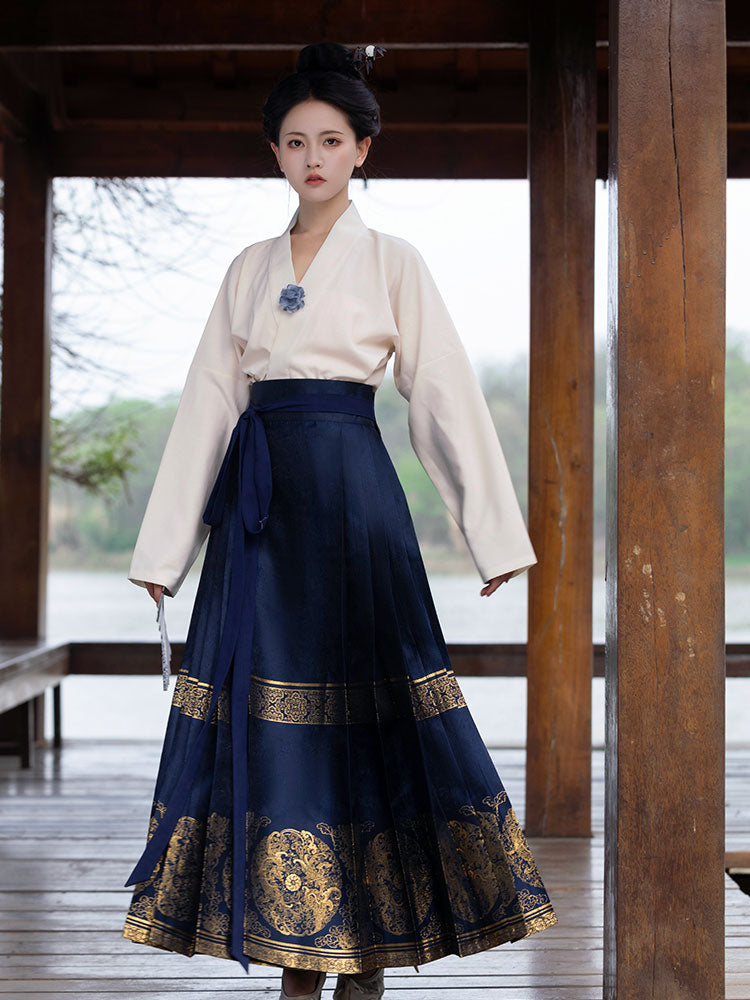 Traditional Chinese Retro Double Phoenix Pattern Woven Gold Mamianqun Skirt-05