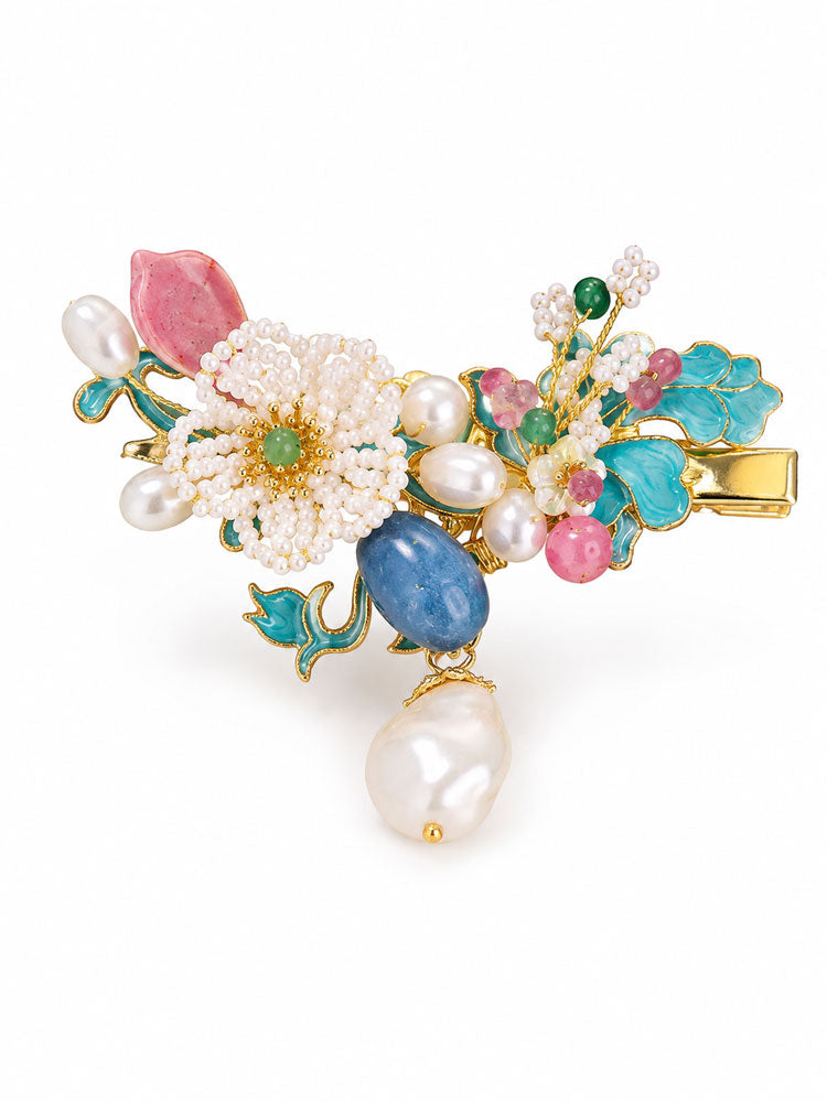 Chinese Blue Enamel Floral Hair Clip with Pearl Accents-08