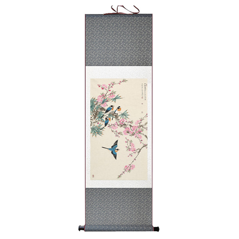 Beautiful Chinese Painting - Early Spring Lucky Flowers Peach Blossom and Four Magpies Silk Scroll Hanging Painting Wall Decoration Art-02