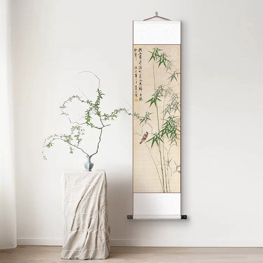 Modern Minimalist Chinese-Inspired Bamboo and Bird Scroll Hanging Art for Space Decoration - Art Decor Painting-01