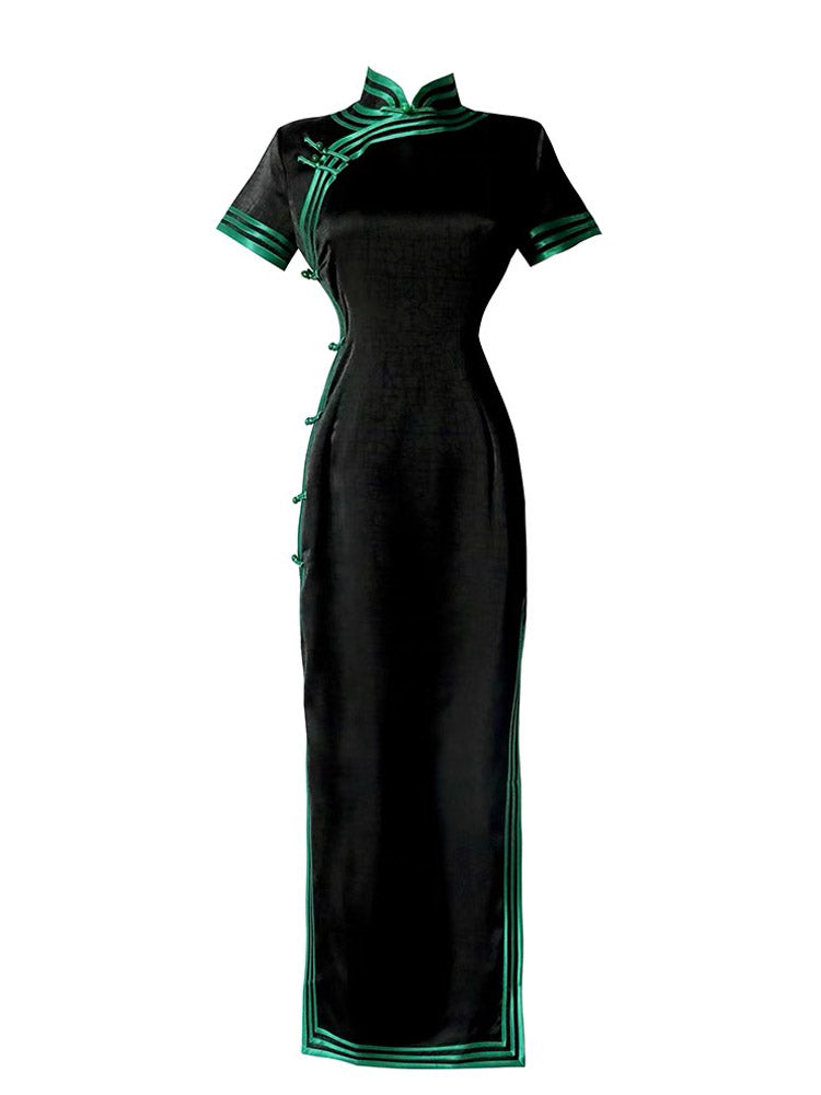 Vintage Black Artistic Cracked Pattern Texture Fragrant Cloud Brocade Cheongsam Dress for Women-08