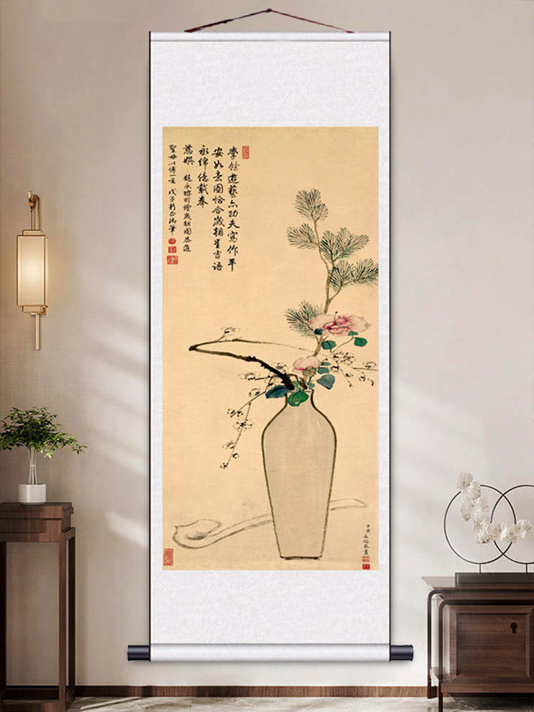 Traditional Chinese Classical Flower and Vase Silk Scroll Hanging Painting Chinese Style Wall Decoration Art-07
