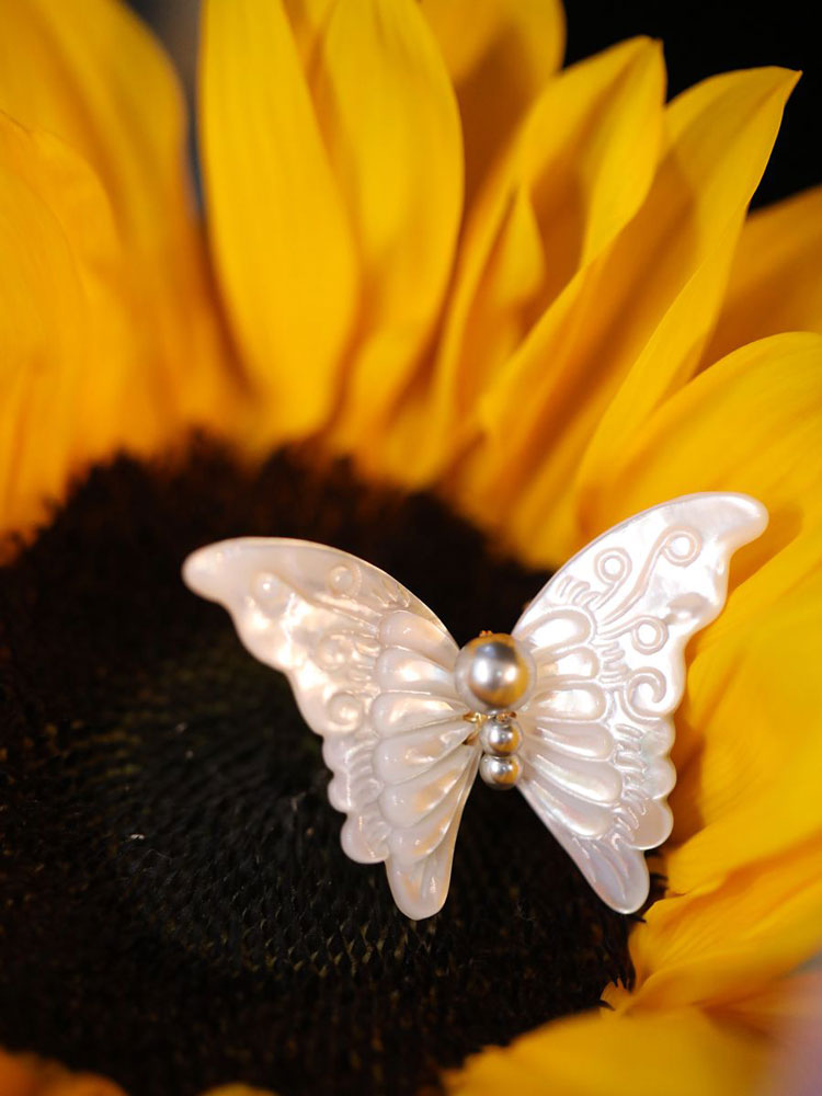 Natural Shell Butterfly & Dragonfly Brooch with Imitation Pearls-07