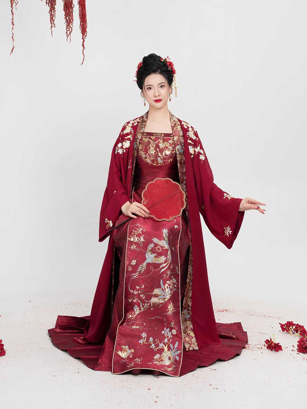 Birds & Blossoms — Ming-Style Gold-Woven Red Mamian Skirt Set-09